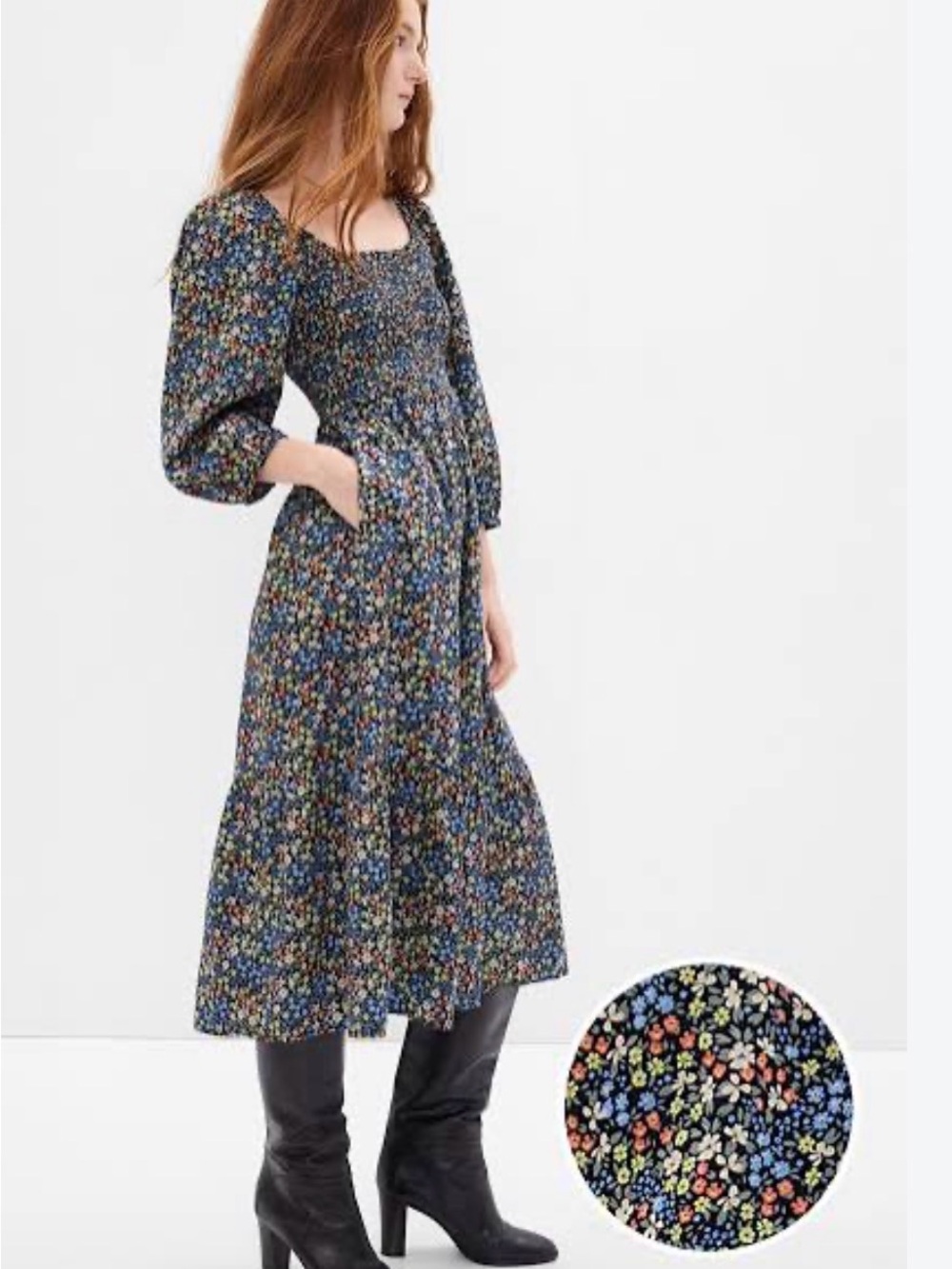 GAP Puff Sleeve Smocked Midi Dress In Multi Color Floral